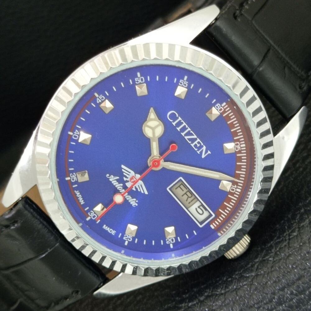 Vintage 1979 Citizen Automatic Mens Silver Watch W/daydate & Blue accents